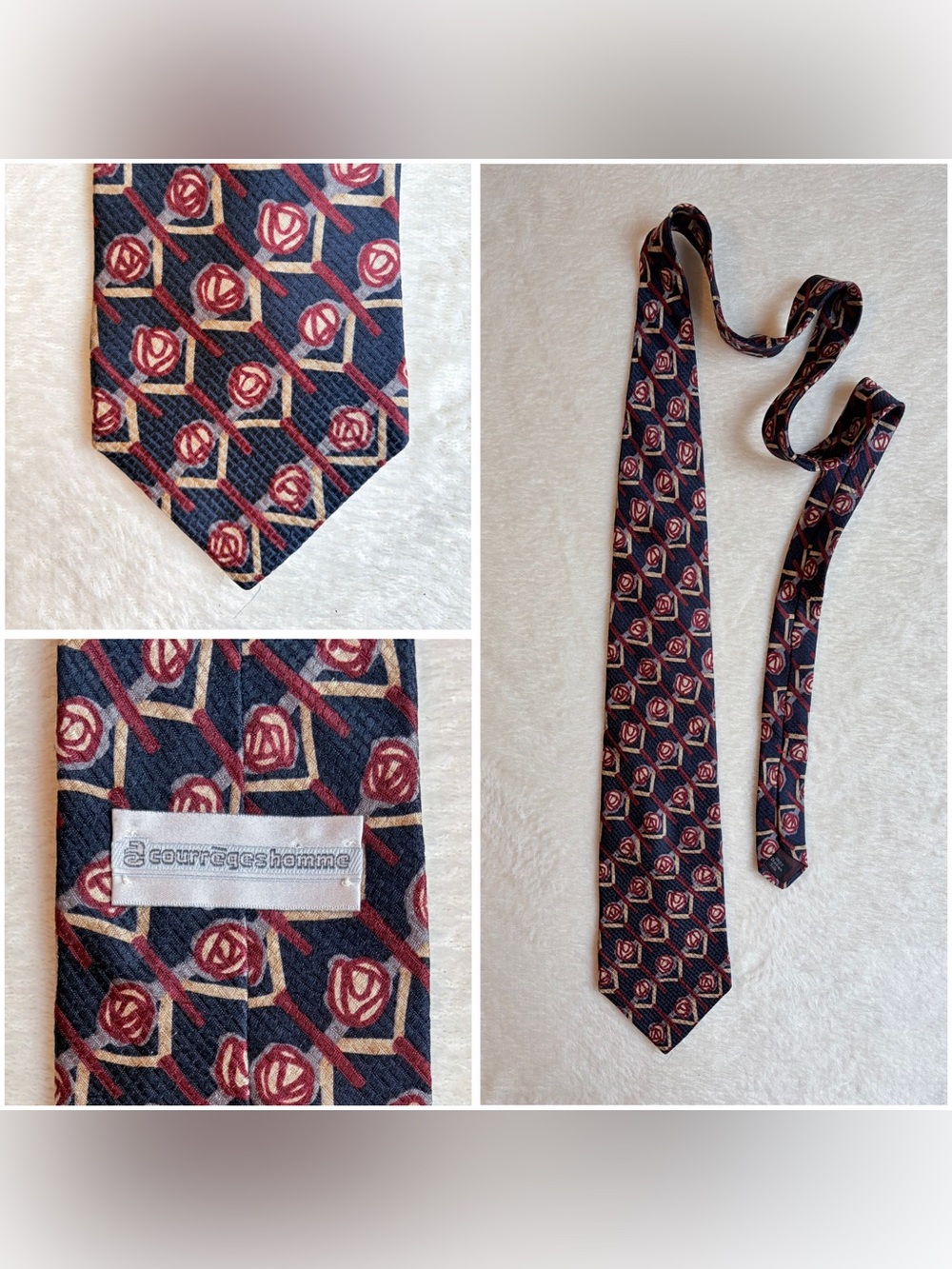 Courreges Homme Men's Geometric Navy Burgundy Beige‎ 100% Silk Classic Tie